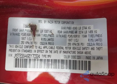 2009 Mazda Cx-9 Touring из США, поврежденный, VIN JM3TB38A490170324